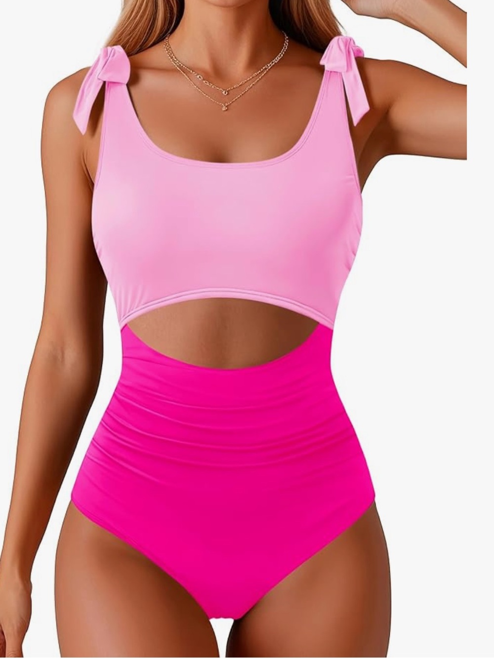 Two-Tone Pink Tie-Shoulder Swim Sarong One-Piece